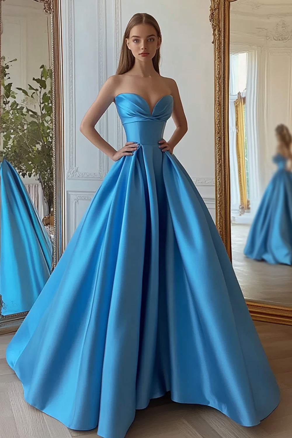 Blue Ball Gown Satin Sweetheart Long Prom Dress