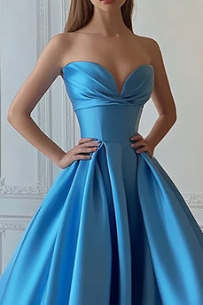 Blue Ball Gown Satin Sweetheart Long Prom Dress