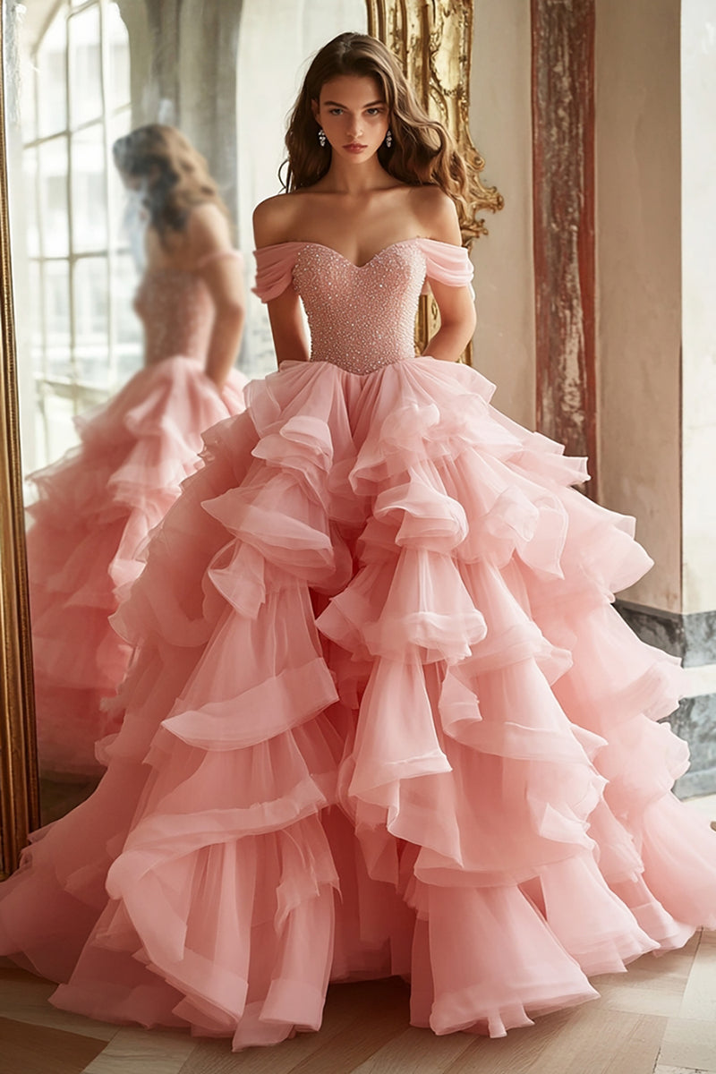 Load image into Gallery viewer, Pink Ball Gown Tulle Off the Shoulder Tiered Long Prom Dress