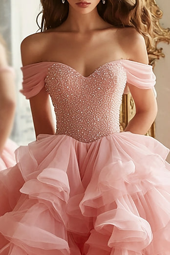 Pink Ball Gown Tulle Off the Shoulder Tiered Long Prom Dress