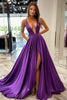 Load image into Gallery viewer, Plum A Line Satin V-Neck Pleated Long Prom Dress with Slit