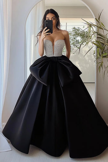 Silver&Black Ball Gown Satin Strapless Long Prom Dress