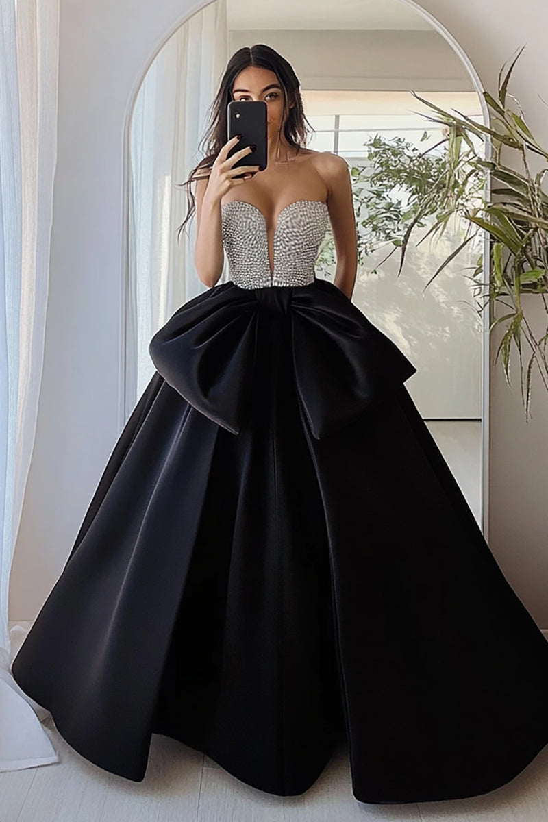 Load image into Gallery viewer, Silver&amp;Black Ball Gown Satin Strapless Long Prom Dress