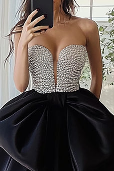 Silver&Black Ball Gown Satin Strapless Long Prom Dress