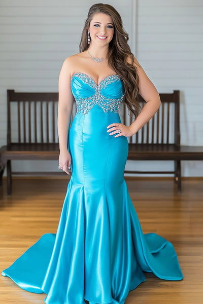 Blue Mermaid Satin Sweetheart Long Prom Dress