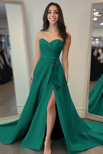 Dark Green A Line Satin Sweetheart Appliqued Long Prom Dress with Slit