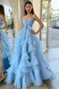 Load image into Gallery viewer, Sky Blue Ball Gown Tulle Tiered Long Prom Dress with Bow