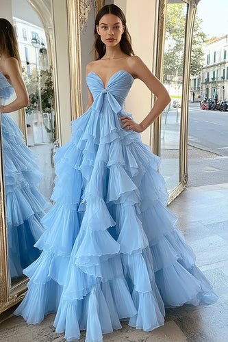 Sky Blue Ball Gown Tulle Tiered Long Prom Dress with Bow