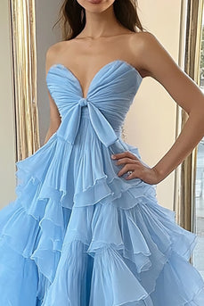 Sky Blue Ball Gown Tulle Tiered Long Prom Dress with Bow