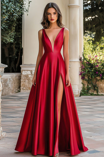 Red A Line Satin Long Prom Dress with Slit