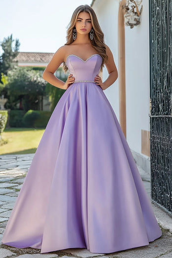 Lilac A Line Satin Strapless Long Prom Dress