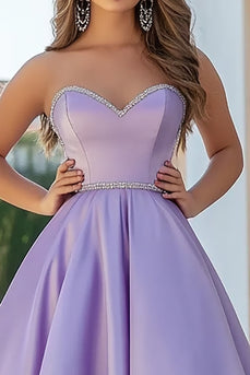 Lilac A Line Satin Strapless Long Prom Dress