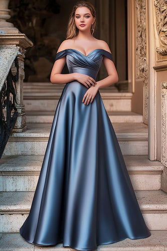 Dusty Blue A Line Ruched Satin Long Prom Dress