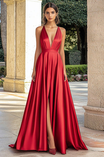 Red A Line Deep V-Neck Satin Long Prom Dress with Slit