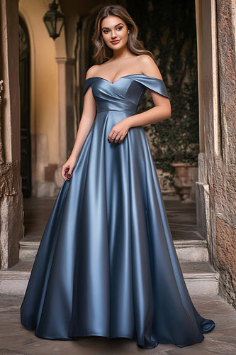 Dusty Blue A Line Off the Shoulder Satin Long Prom Dress