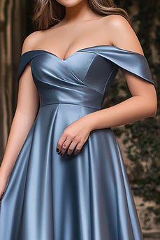 Dusty Blue A Line Off the Shoulder Satin Long Prom Dress