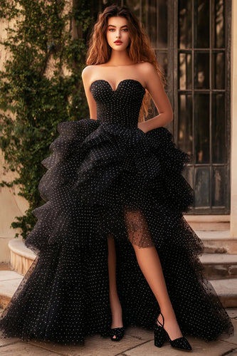 Black A Line Tulle High-Low Prom Dress with Polka Dots