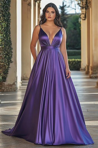 Plum A Line Spaghetti Straps Satin Long Prom Dress