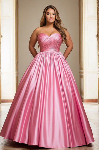 Pink A Line Strapless Satin Long Prom Dress