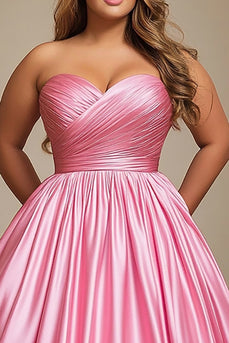 Pink A Line Strapless Satin Long Prom Dress