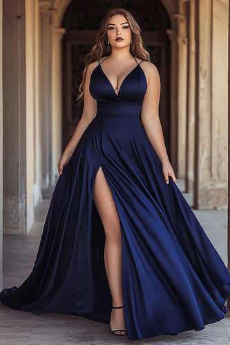 Navy A Line V-Neck Satin Long Prom Dress with Slit