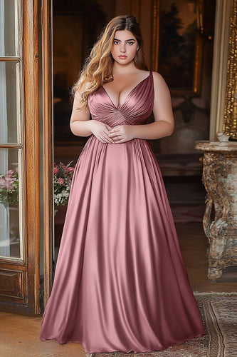 Dusty Rose A Line Ruched Satin Long Prom Dress