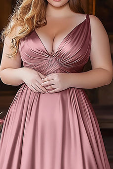 Dusty Rose A Line Ruched Satin Long Prom Dress