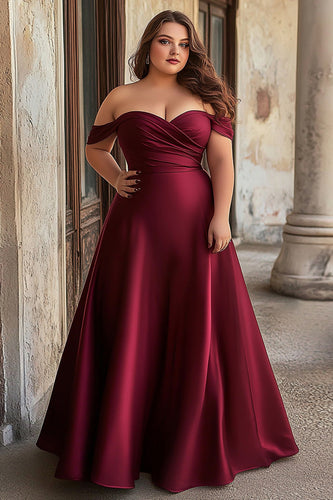 Burgundy A Line Ruched Satin Long Prom Dress