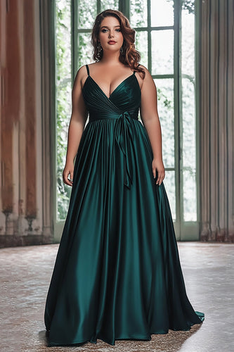 Dark Green A Line Ruched Satin Long Prom Dress with Cape