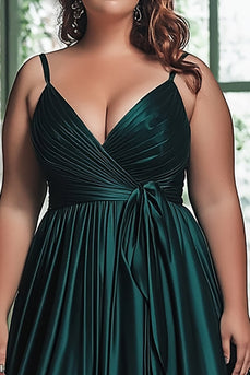 Dark Green A Line Ruched Satin Long Prom Dress with Cape