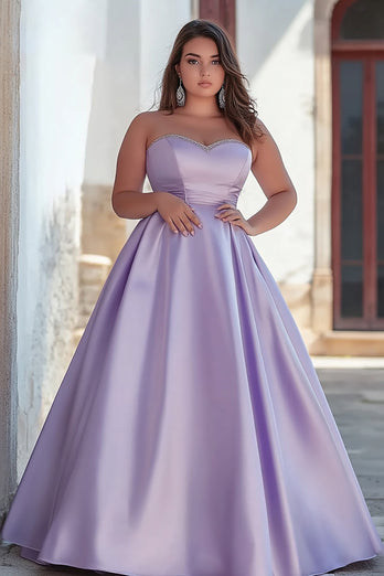 Lilac A Line Satin Strapless Long Prom Dress