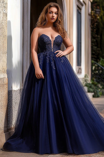 Navy A Line Tulle Long Prom Dress with Appliques