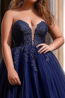 Navy A Line Tulle Long Prom Dress with Appliques