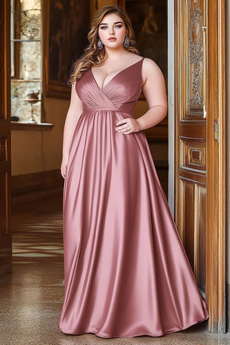 Dusty Rose A Line Ruched Satin Long Prom Dress