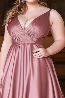 Dusty Rose A Line Ruched Satin Long Prom Dress