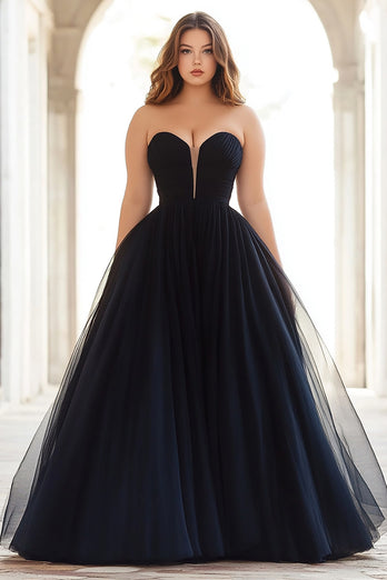 Black A Line Tulle Strapless Long Prom Dress