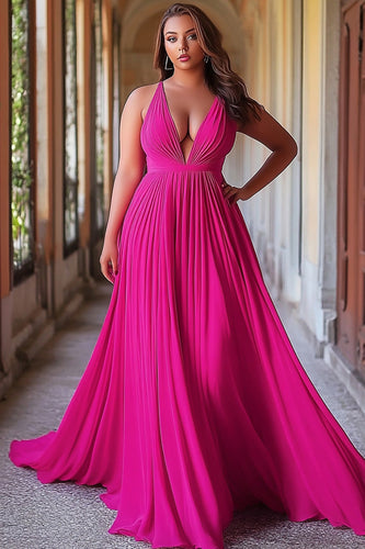 Fuchsia A Line Pleated V-Neck Long Prom Dress