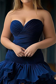 Navy Strapless Tulle Tiered Long Prom Dress with Slit