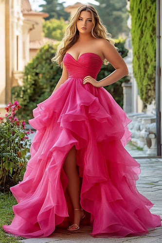 Fuchsia A Line Tiered Long Tulle Prom Dress with Slit