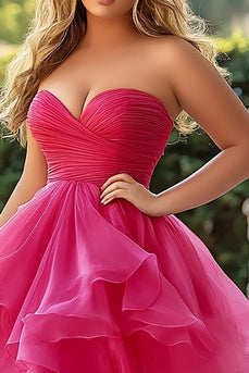 Fuchsia A Line Tiered Long Tulle Prom Dress with Slit