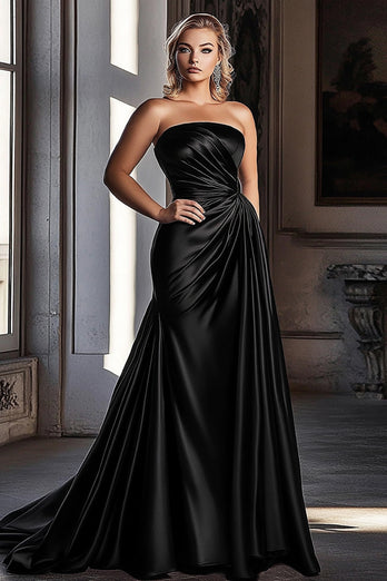 Black Sheath Ruched Satin Long Prom Dress