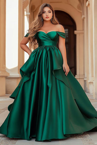 Dark Green Off the Shoulder Satin Long Prom Dress with Ruffles