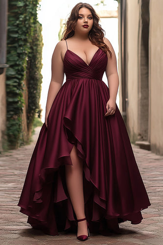 Burgundy A Line Satin Asymmetrical Long Prom Dress