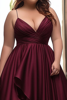 Burgundy A Line Satin Asymmetrical Long Prom Dress