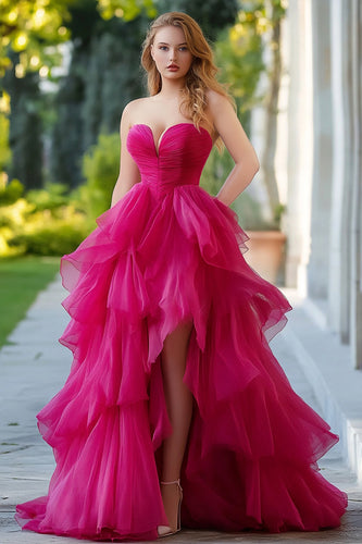 Fuchsia A Line Asymmetrical Tulle Long Prom Dress with Slit