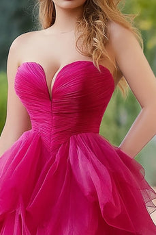 Fuchsia A Line Asymmetrical Tulle Long Prom Dress with Slit