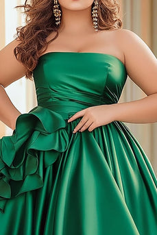 Green A Line Satin Long Prom Dress with Ruffles