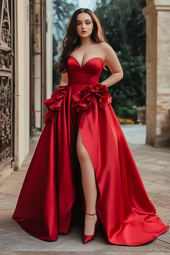 Red A Line Satin Ruffled Long Prom Dress with Slit