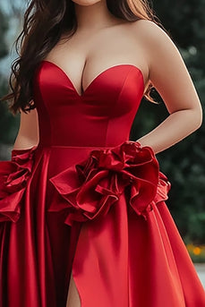 Red A Line Satin Ruffled Long Prom Dress with Slit