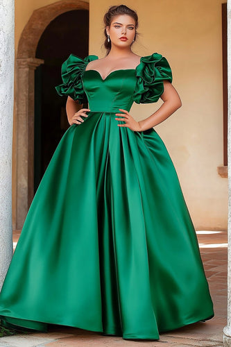 Plus Size Green A Line Satin Long Prom Dress with Puff Sleeves